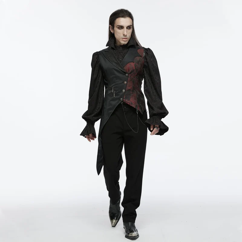 Gothic-Weste für Herren mit asymmetrischem Blumenmuster, Fledermauskragen und abnehmbarer Brosche
