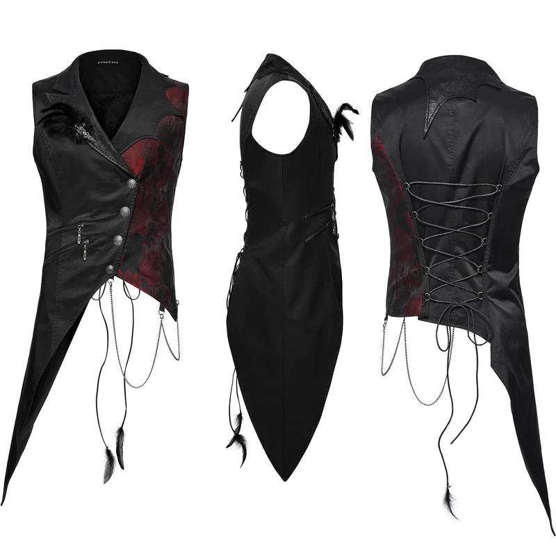 Gothic-Weste für Herren mit asymmetrischem Blumenmuster, Fledermauskragen und abnehmbarer Brosche