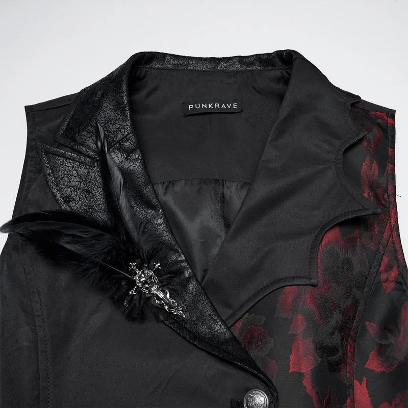 Gothic-Weste für Herren mit asymmetrischem Blumenmuster, Fledermauskragen und abnehmbarer Brosche