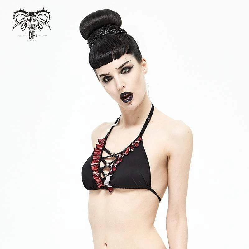 Damen Grunge Black Neckholder Bikini Top mit Scottish Check Rüschen