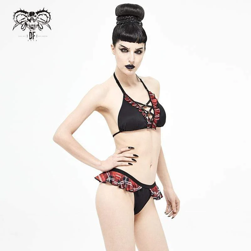 Damen Grunge Black Neckholder Bikini Top mit Scottish Check Rüschen
