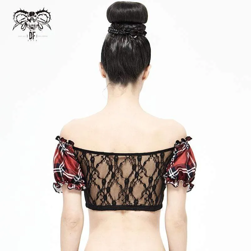 Damen Grunge Red Scottish Check Spitze Longline Swim Top