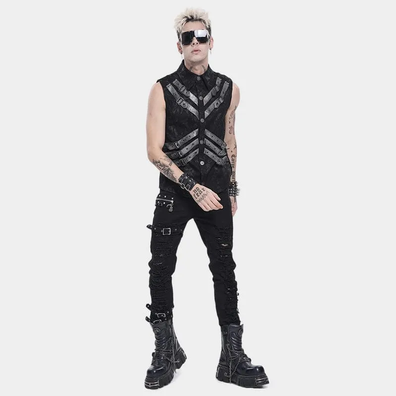 Punk-Herrenoberteil mit Lagenlook, Schnallenriemen und Umlegekragen