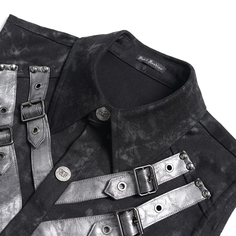 Punk-Herrenoberteil mit Lagenlook, Schnallenriemen und Umlegekragen