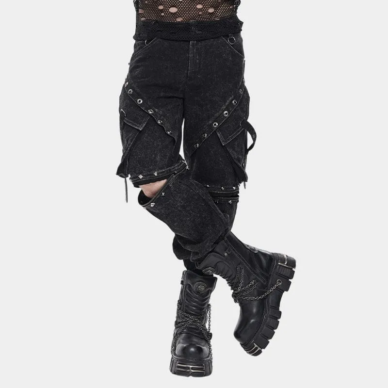 Punk-Hose für Herren mit großen Taschen, Ösen und Nieten sowie abnehmbaren Beinen