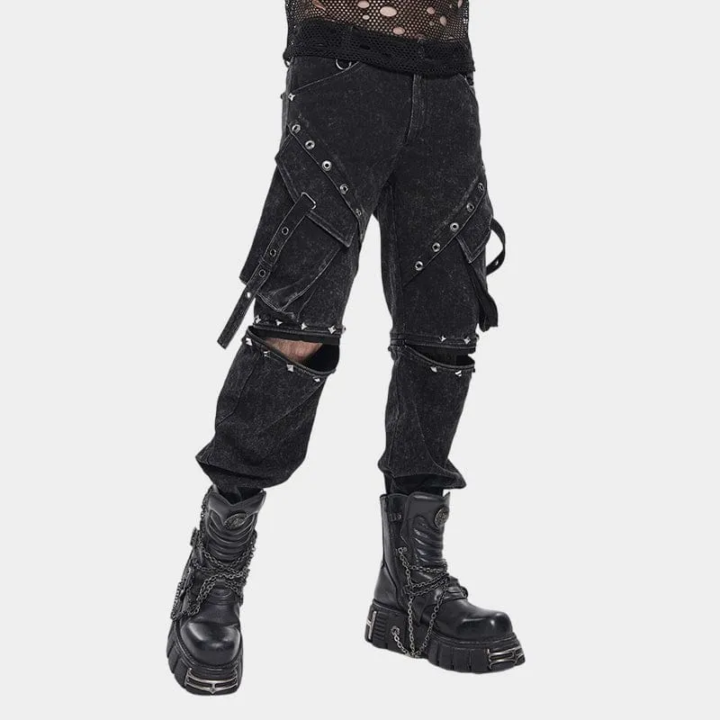 Punk-Hose für Herren mit großen Taschen, Ösen und Nieten sowie abnehmbaren Beinen