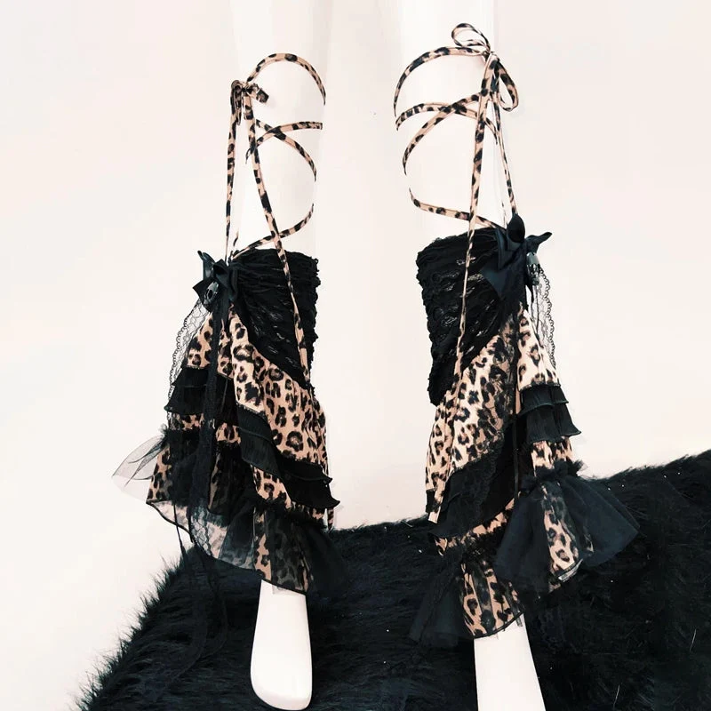Leopard print self tie bowknot skull applique leg warmer