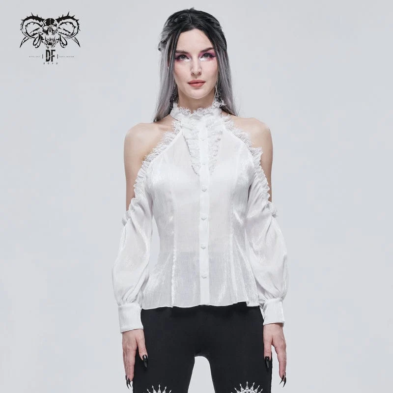 Damen Gothic Riemchen Schulterfrei Spitzensaum Weißes Hemd