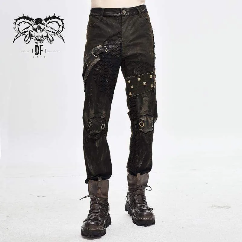 Steampunk-Freizeithose für Herren mit Netzgewebe, Nieten und Ösen