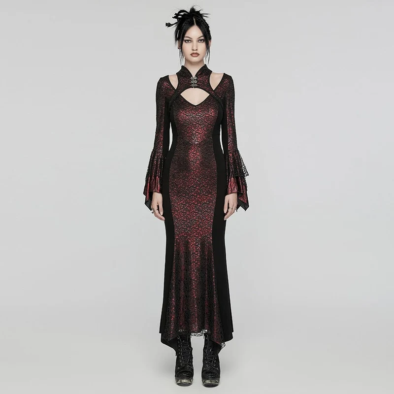 Damen Gothic Cheongsam Kragen Fischschwanz Kleid Rot