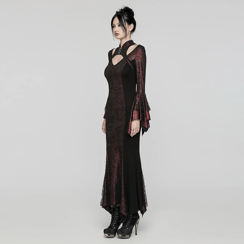 Damen Gothic Cheongsam Kragen Fischschwanz Kleid Rot