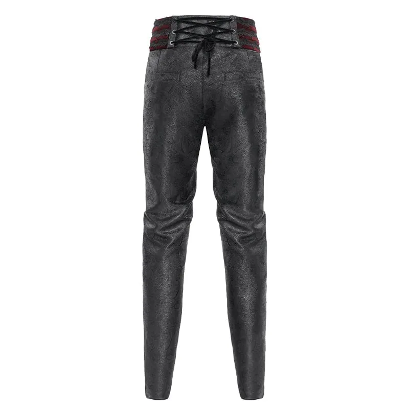 Gothic-Samthose für Herren mit Schnürung und gekreuzten Details, Schwarz-Rot