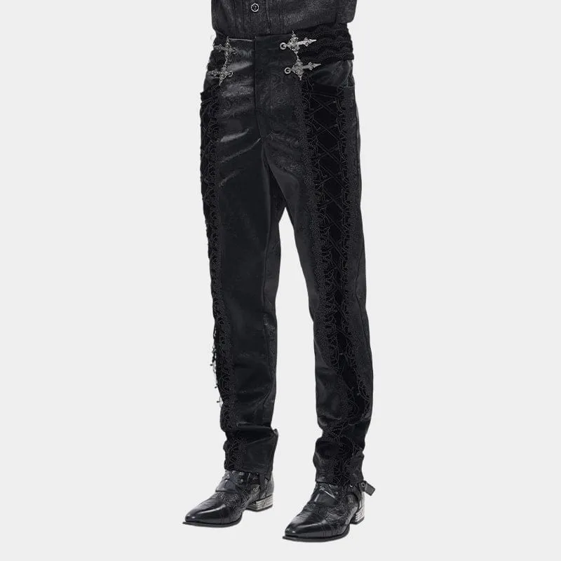 Schwarze Gothic-Samthose für Herren mit Schnürung und gekreuzten Details
