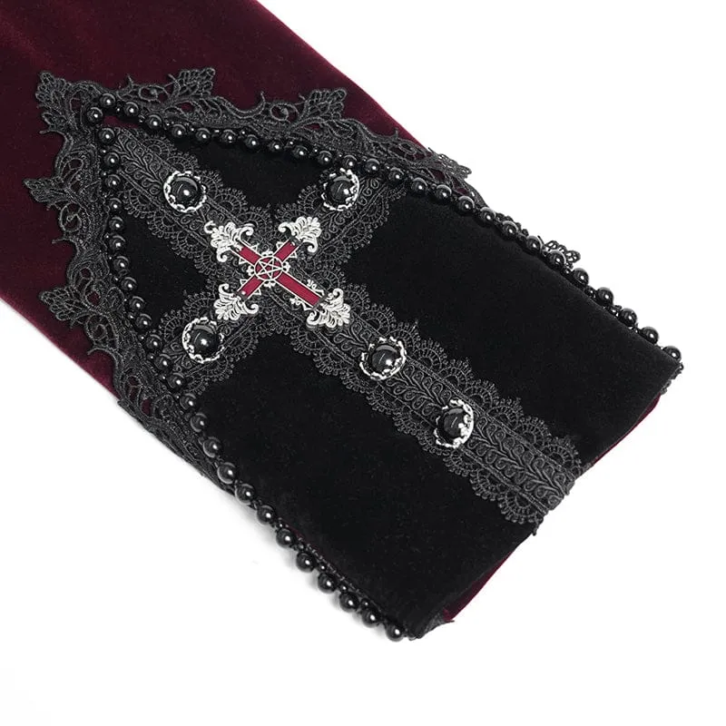 Rote Herren-Gothic-Jacke mit Perlenbesatz, Schnallenriemen und Reißverschluss
