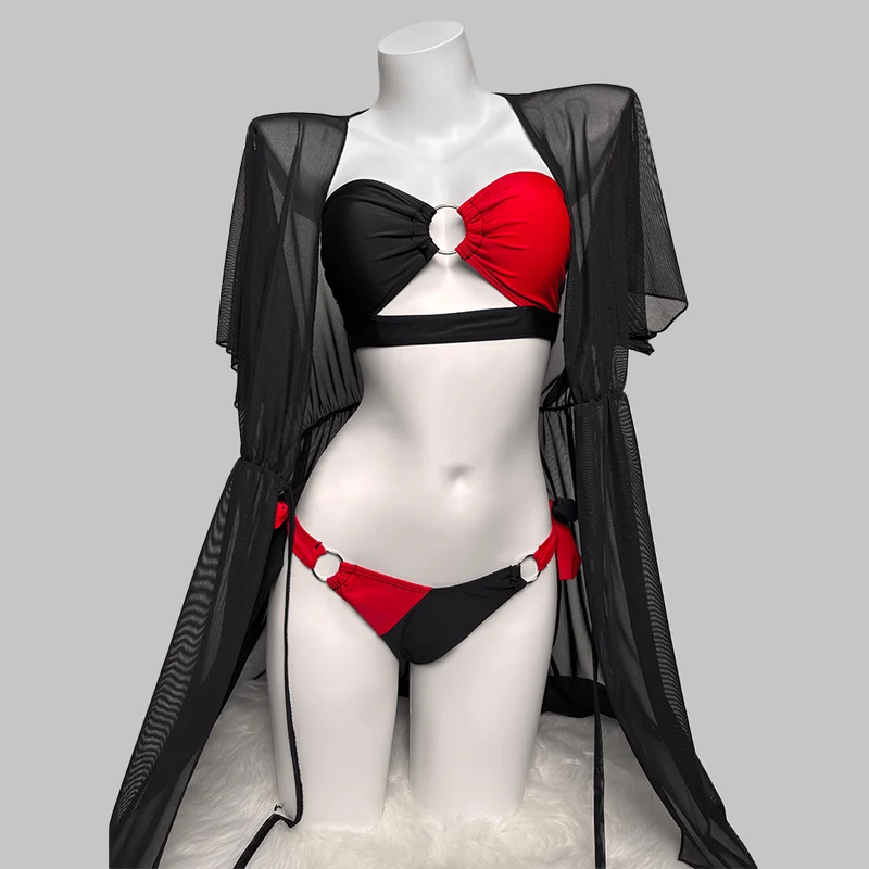 Damen-Bikini-Set im Grunge-Stil mit kontrastfarbenen Ringen und seitlichen Bindebändern