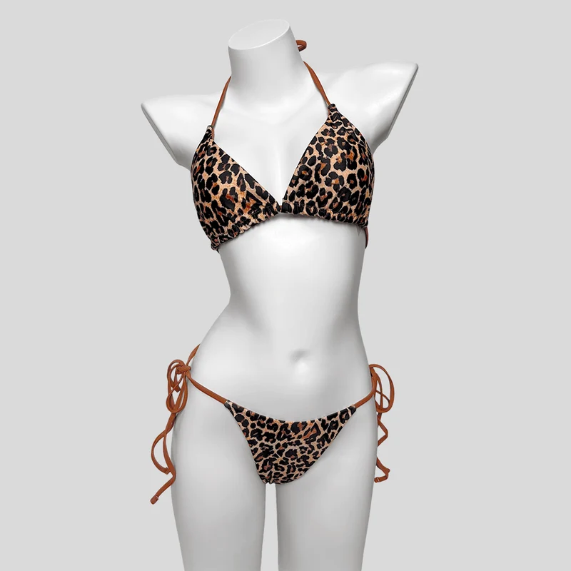 Damen-Bikini-Set mit Grunge-Leopardenmuster, Neckholder und seitlichen Bindebändern