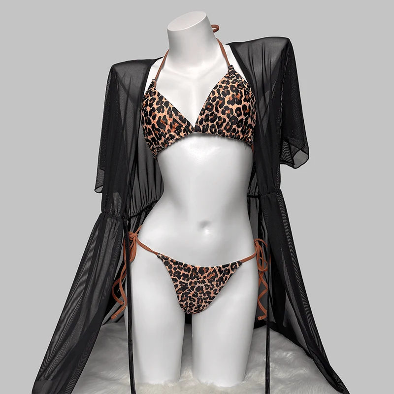 Damen-Bikini-Set mit Grunge-Leopardenmuster, Neckholder und seitlichen Bindebändern