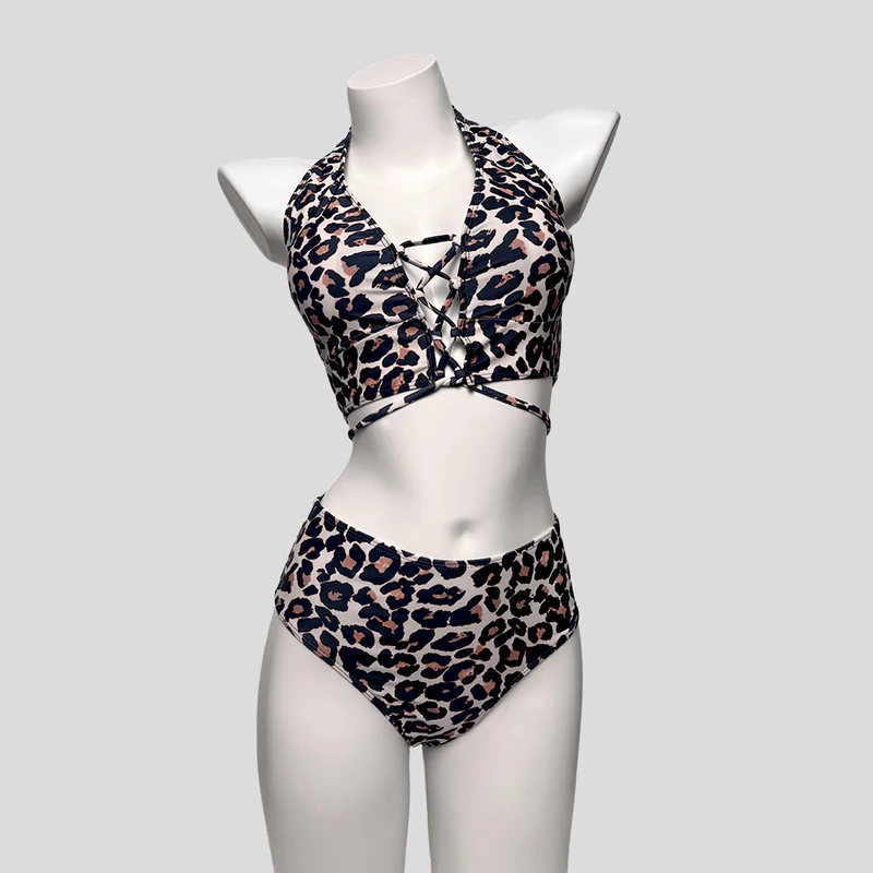 Grunge-Leopardenmuster-Halter-Bikini-Set für Damen
