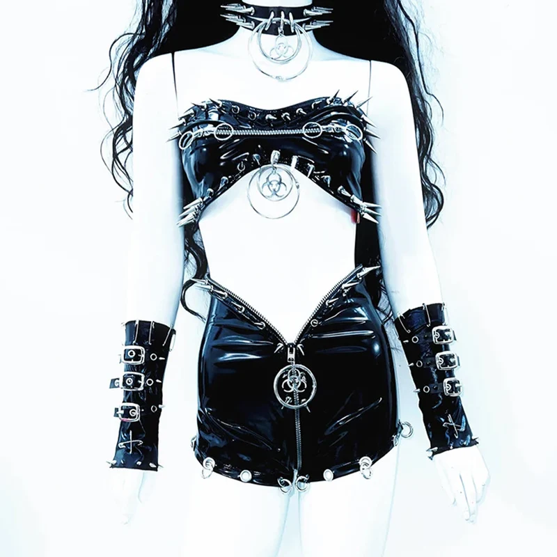 Leather zip-up o ring rivet tube top