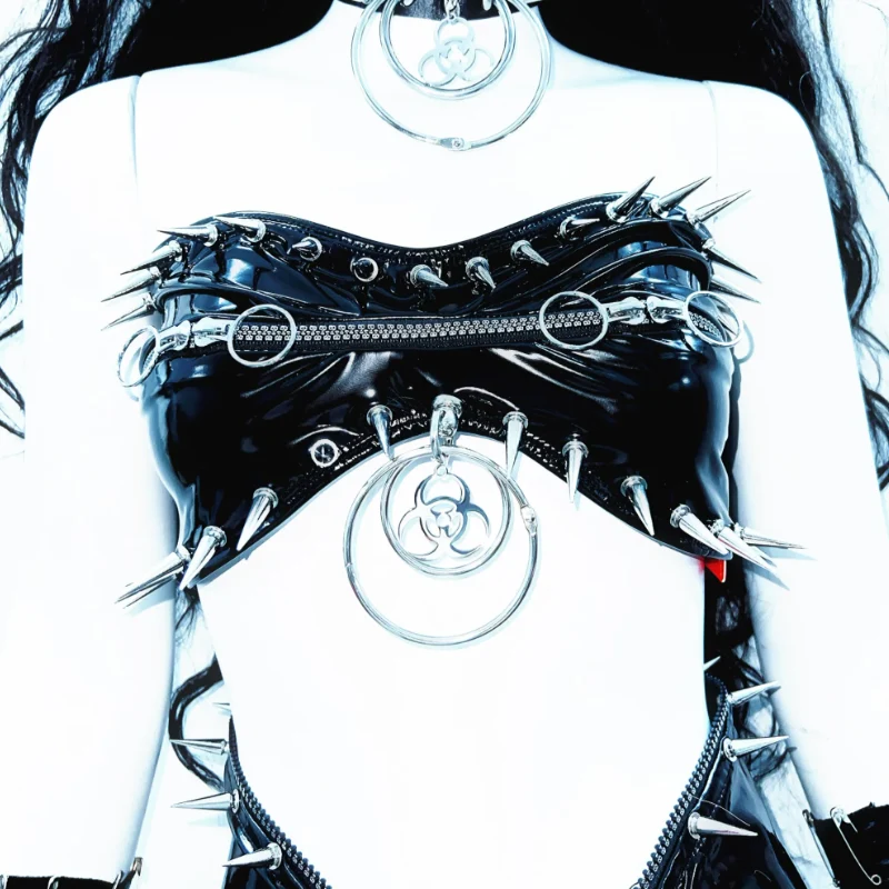 Leather zip-up o ring rivet tube top
