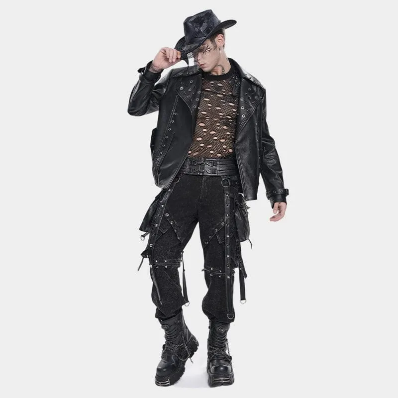 Punk-Nieten-Gürtel für Herren mit Taschen, schwarz