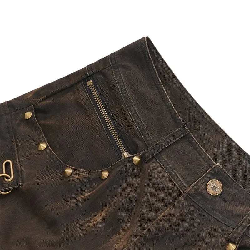 Herren Gothic Ösen Ringe Tasche Hose Kaffee