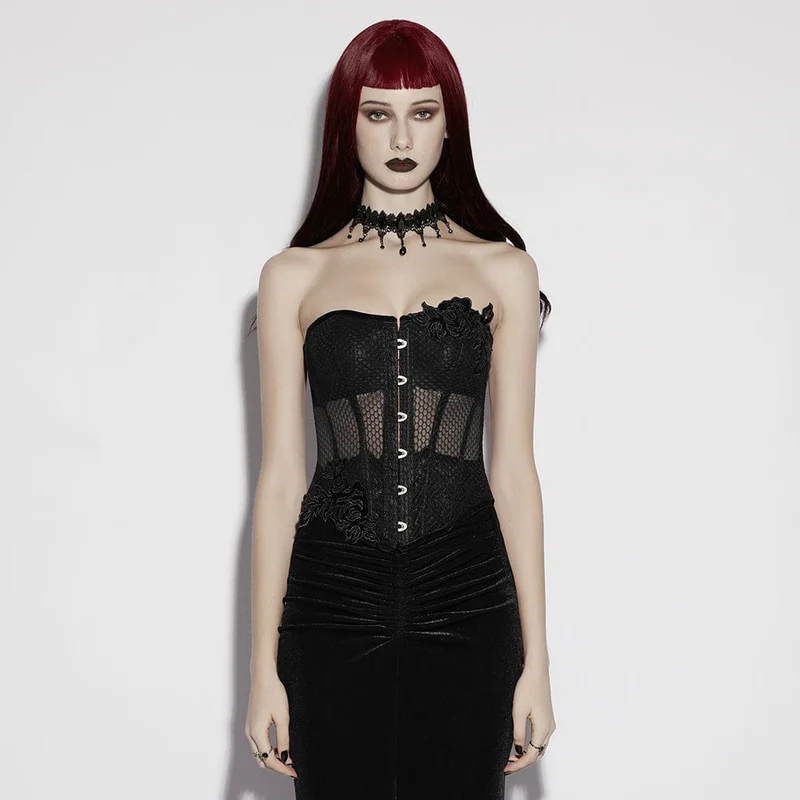 Schwarzes, transparentes Gothic-Korsett mit Schnürung für Damen mit Überbrustumfang und Applikationen