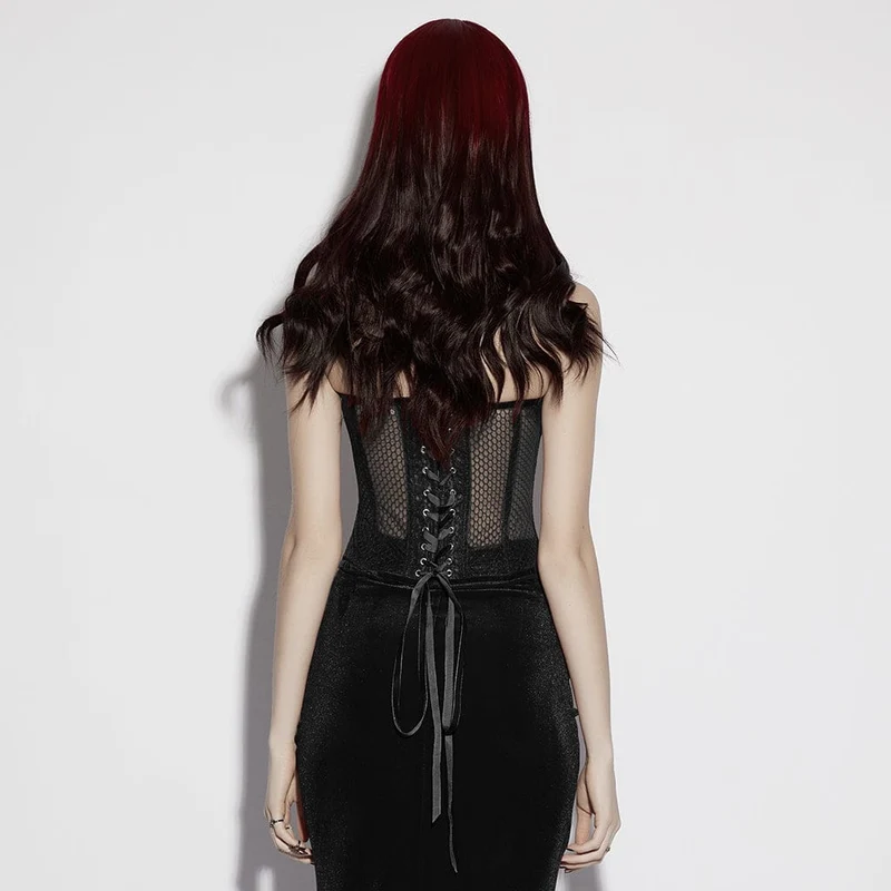 Schwarzes, transparentes Gothic-Korsett mit Schnürung für Damen mit Überbrustumfang und Applikationen