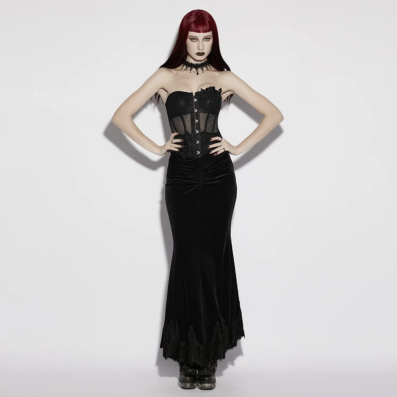 Schwarzes, transparentes Gothic-Korsett mit Schnürung für Damen mit Überbrustumfang und Applikationen