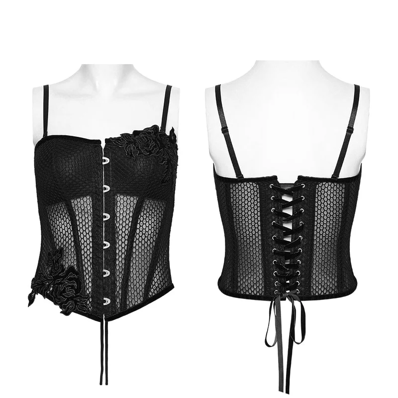 Schwarzes, transparentes Gothic-Korsett mit Schnürung für Damen mit Überbrustumfang und Applikationen