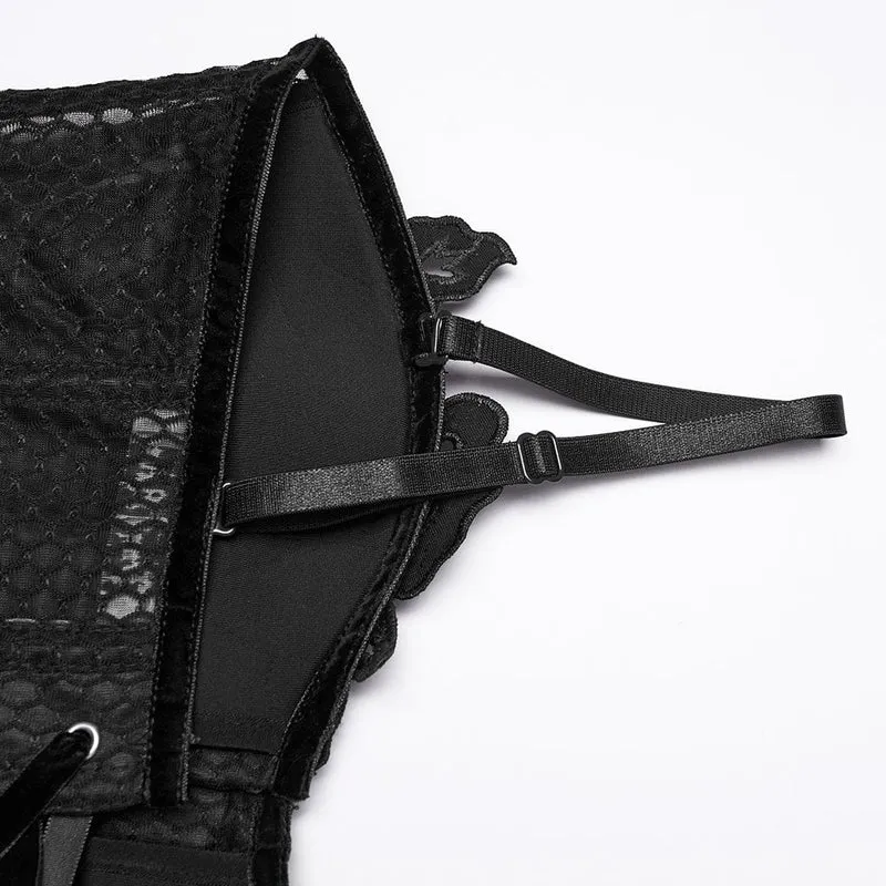 Schwarzes, transparentes Gothic-Korsett mit Schnürung für Damen mit Überbrustumfang und Applikationen