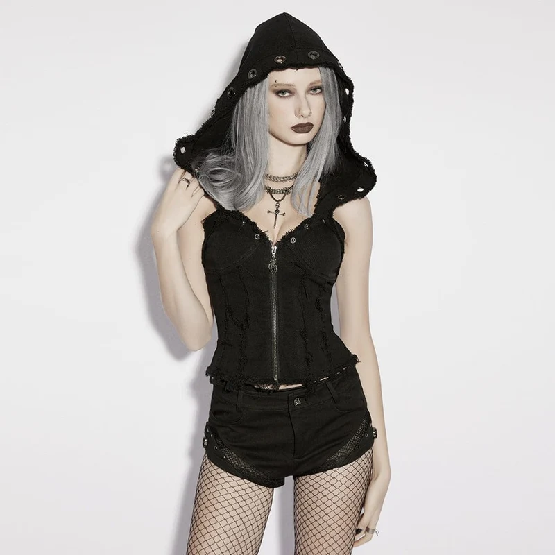 Punk-Weste für Damen mit ungesäumtem Reißverschluss und abnehmbarer Kapuze