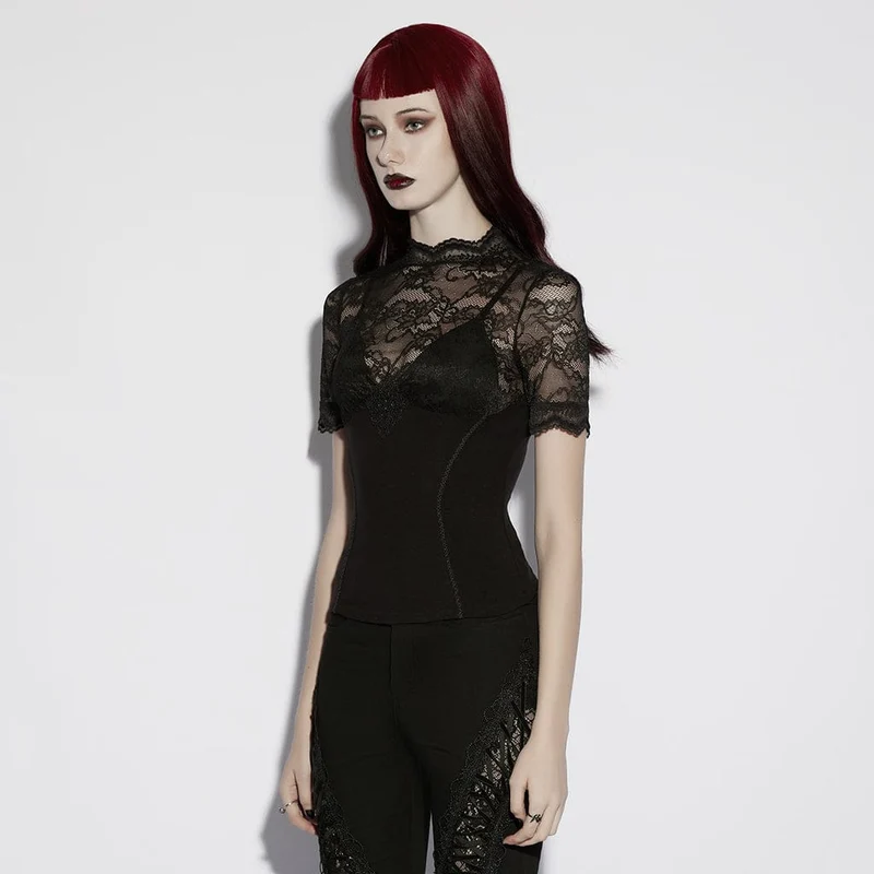 Gothic-T-Shirt mit Blumenmuster und kurzen Ärmeln für Damen