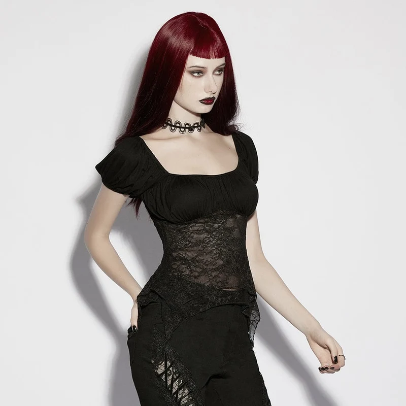 Gothic-Top für Damen mit unregelmäßigem floralem Spitzeneinsatz und Raffungen