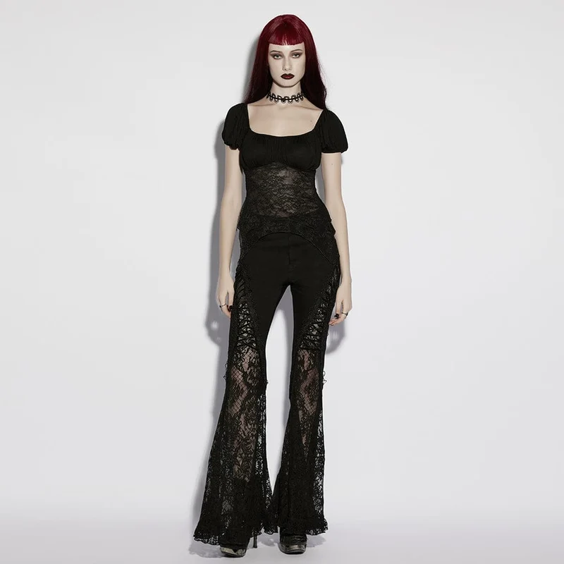 Gothic-Top für Damen mit unregelmäßigem floralem Spitzeneinsatz und Raffungen