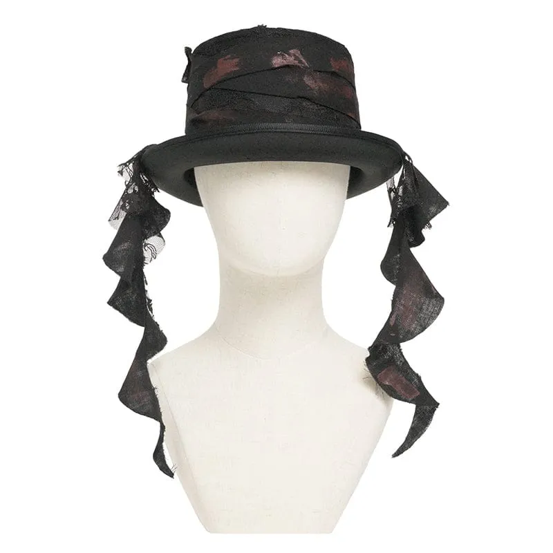 Schwarzer Gothic-Zylinder für Herren mit bandagenumwickelten Bändern