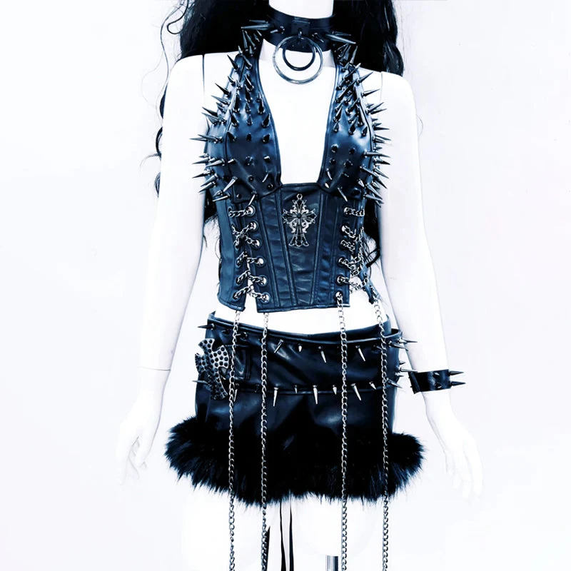 Metallic chain square neck PU leather top