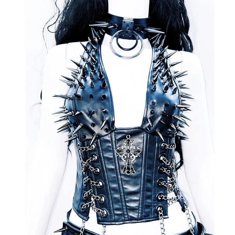 Metallic chain square neck PU leather top