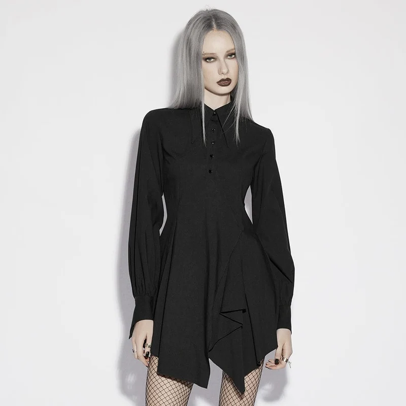 Punk-Kleid für Damen mit asymmetrischem Umlegekragen und Puffärmeln