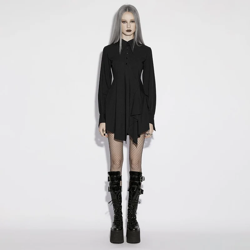 Punk-Kleid für Damen mit asymmetrischem Umlegekragen und Puffärmeln