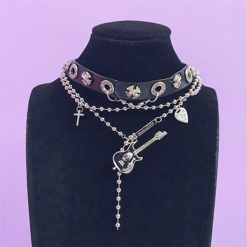 Guitar decor metal chain PU leather cross choker necklace