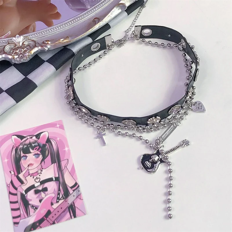 Guitar decor metal chain PU leather cross choker necklace