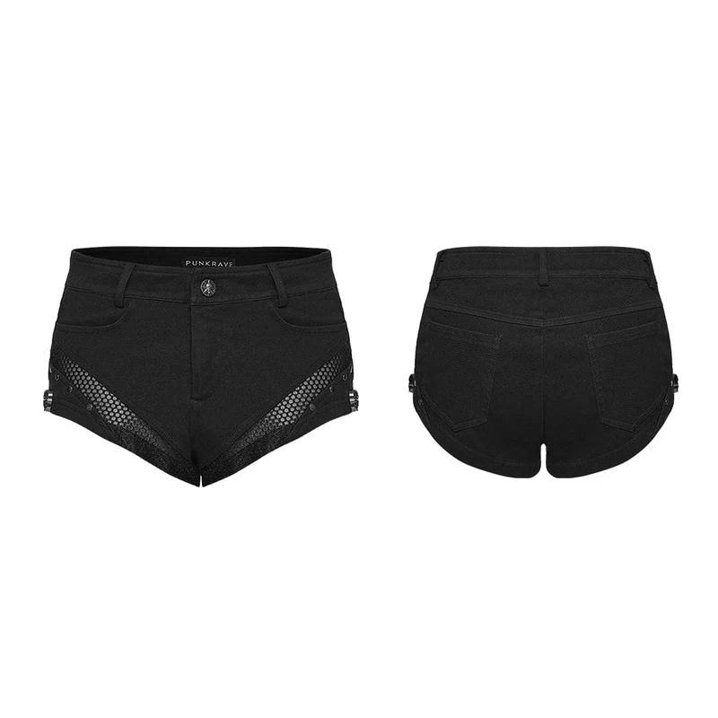 Punk-Shorts für Damen mit Nieten, Totenkopf-Mesh-Einsätzen