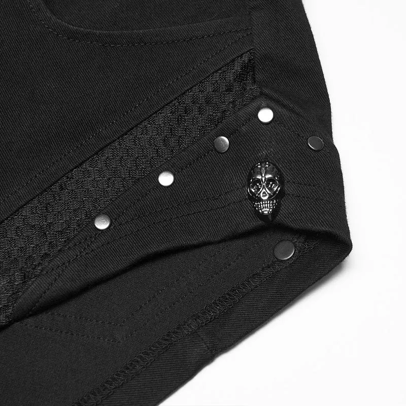 Punk-Shorts für Damen mit Nieten, Totenkopf-Mesh-Einsätzen