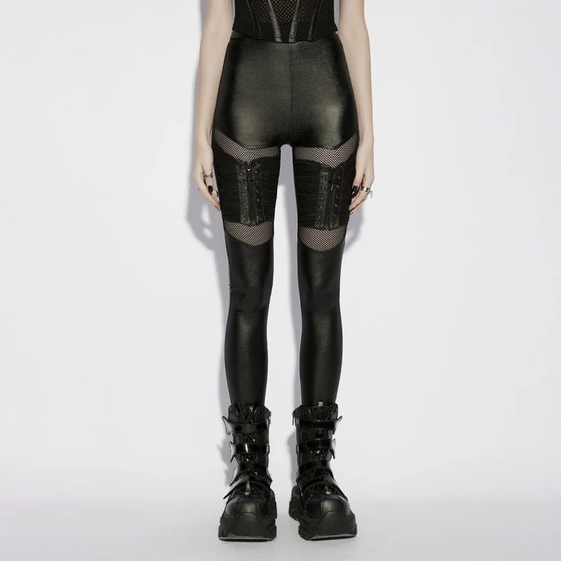 Punk Leggings für Damen mit Ösen- und Reißverschluss-Einsätzen aus Mesh