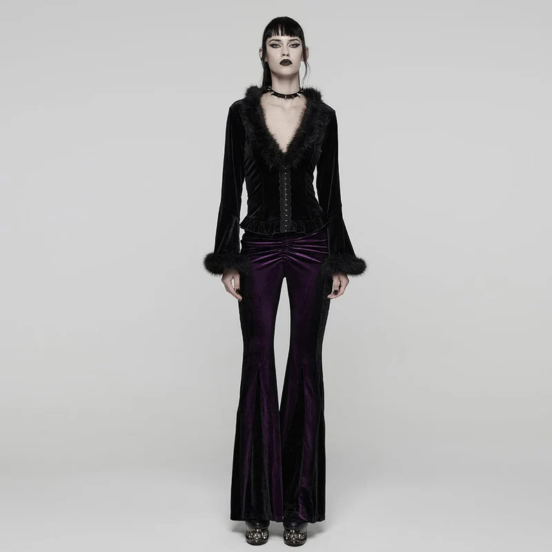 Damen Gothic Kontrastfarbe Kordelzug Samt Schlaghose Violett