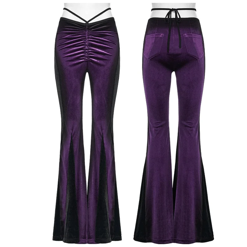 Damen Gothic Kontrastfarbe Kordelzug Samt Schlaghose Violett