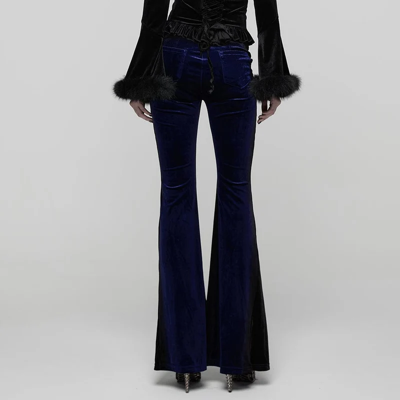 Gothic Schlaghose aus Samt mit Kordelzug in Kontrastfarbe für Damen Blau
