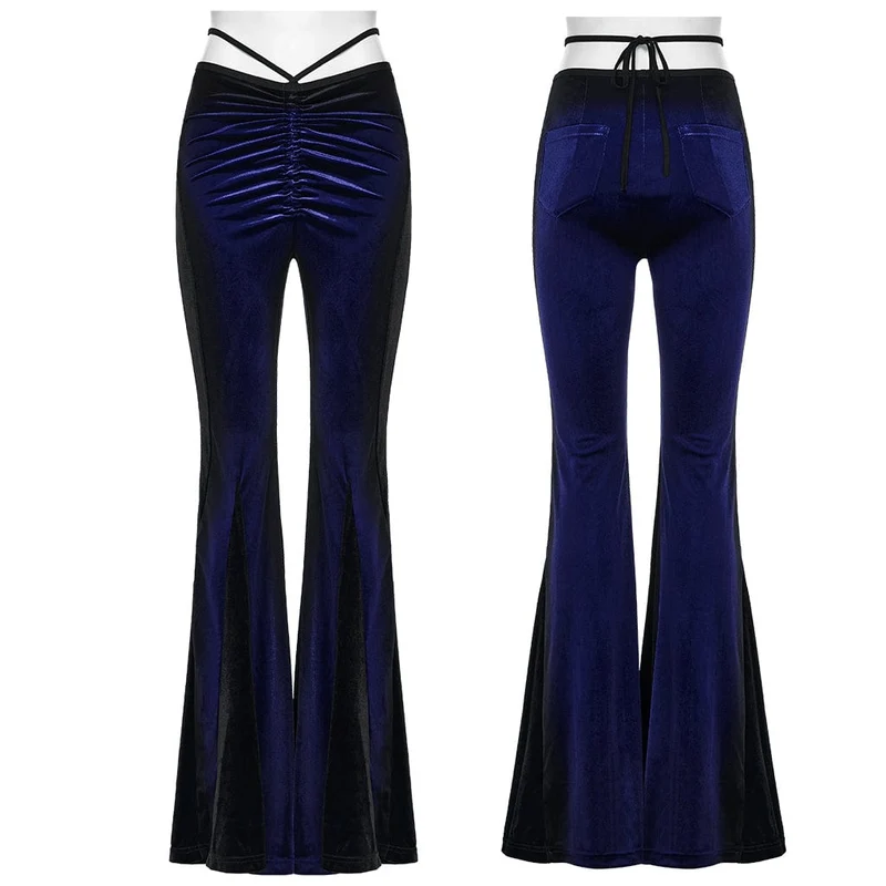 Gothic Schlaghose aus Samt mit Kordelzug in Kontrastfarbe für Damen Blau