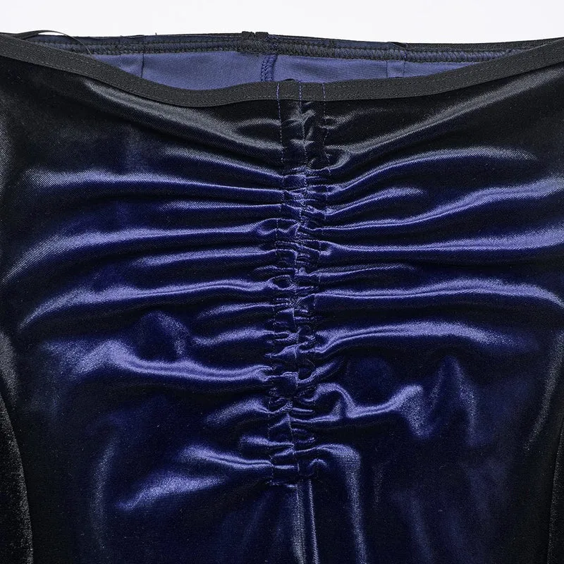 Gothic Schlaghose aus Samt mit Kordelzug in Kontrastfarbe für Damen Blau